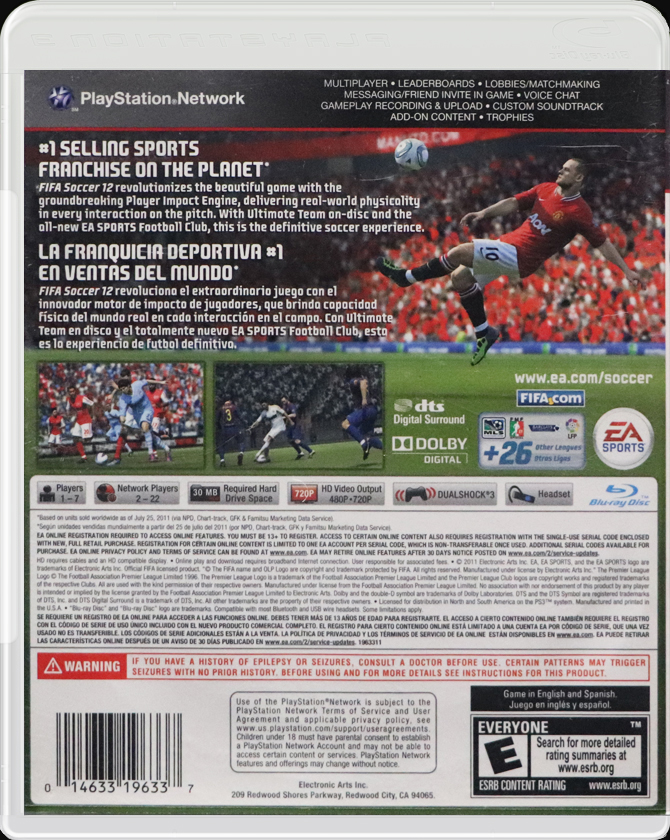 FIFA Soccer 12 PS3 back side cover case