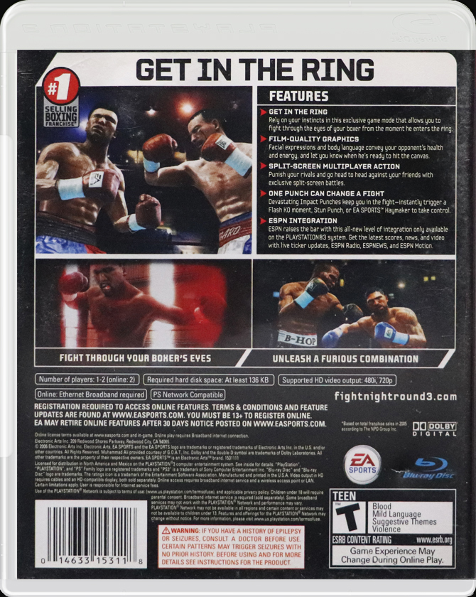 Fight Night Round 3 PS3 back side cover case