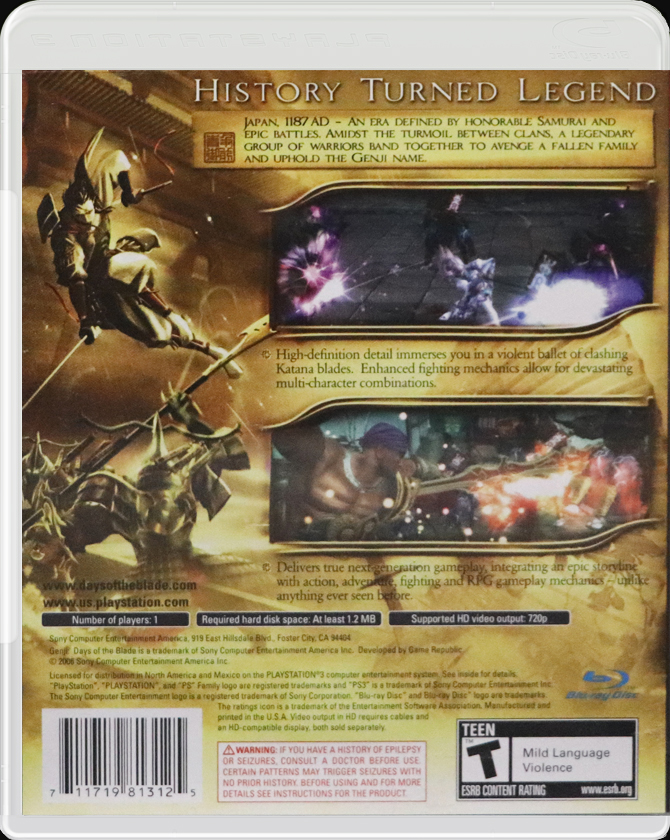 Genji: Days of the Blad PS3 back side cover case