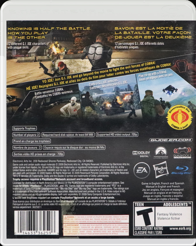 G.I. Joe: The Rise of Cobra PS3 back side cover case