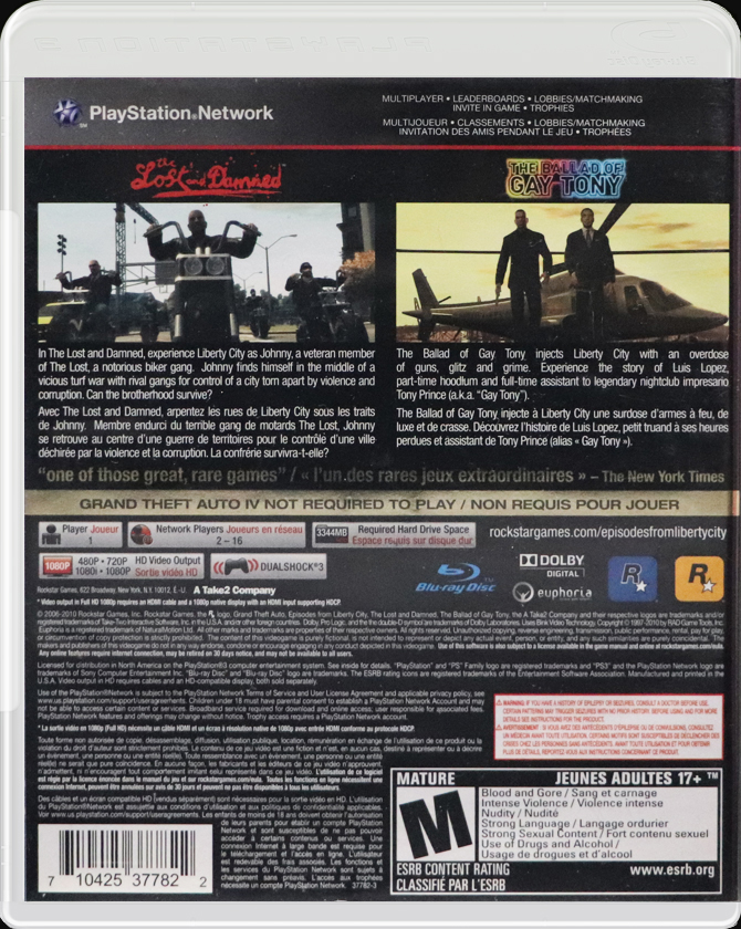 Grand Theft Auto IV Episodes from Liberty City PS3 back side cover case