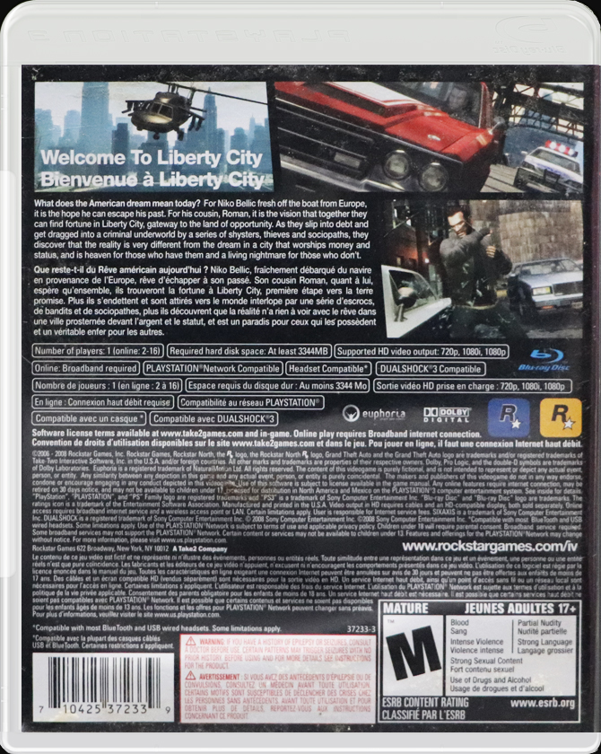 Grand Theft Auto IV PS3 back side cover case