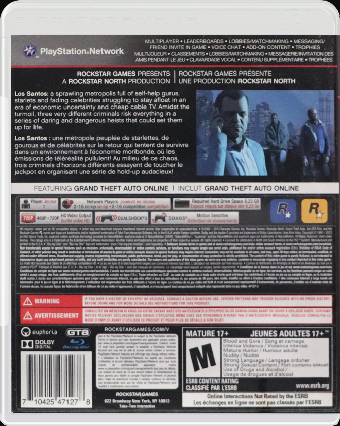 Grand Theft Auto V PS3 back side cover case