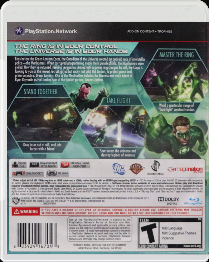 Green Lantern Rise of the Manhunters PS3 back side cover case