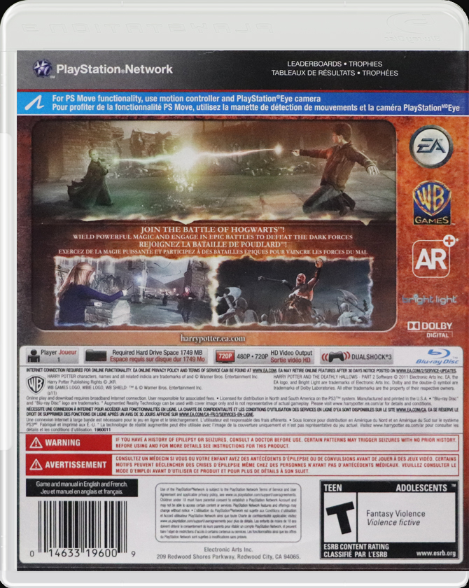 Harry Potter and the Deathly Hallows Part 2 PS3 back side cover case