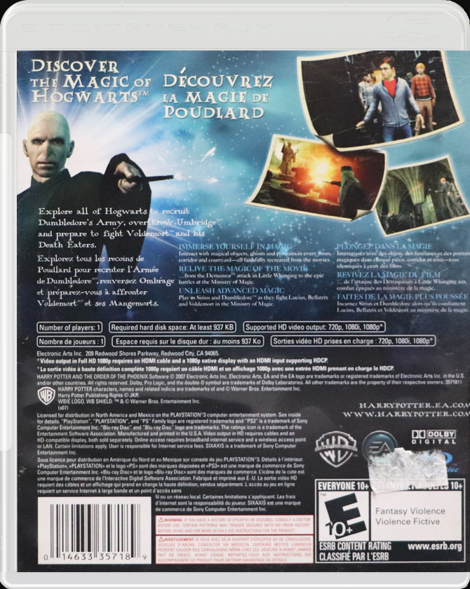 Harry Potter and the Order of the Phoenix PS3 back side cover case