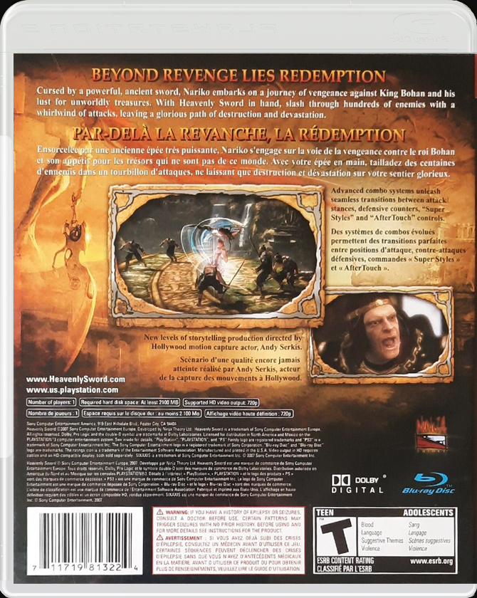 Heavenly Sword PS3 back side cover case