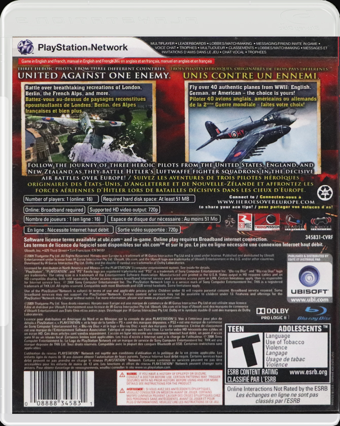 Heroes Over Europe PS3 back side cover case