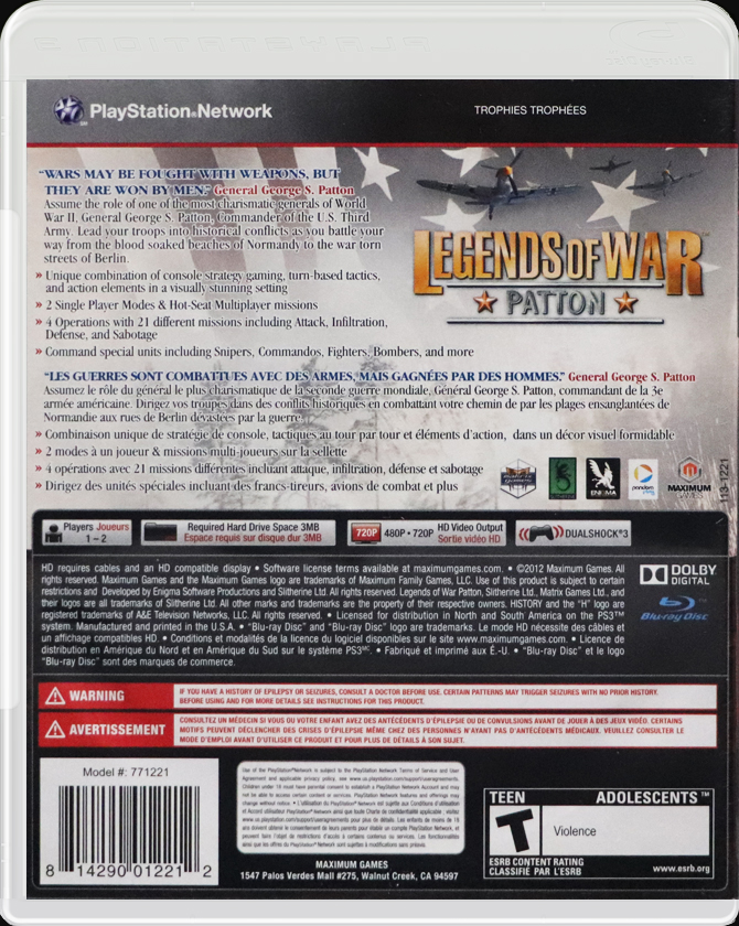 History Legends of War: Patton PS3 back side cover case