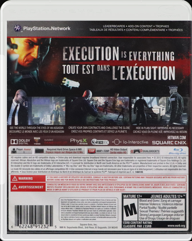 Hitman: Absolution PS3 back side cover case