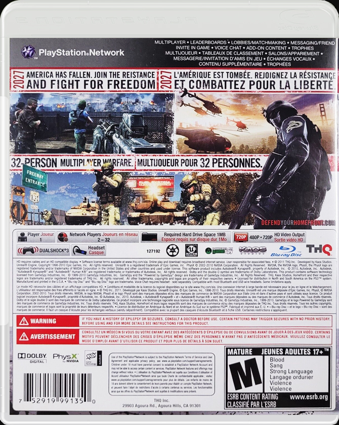 Homefront PS3 back side cover case