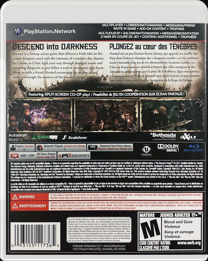 Hunted: The Demon's Forge PS3 back side cover case