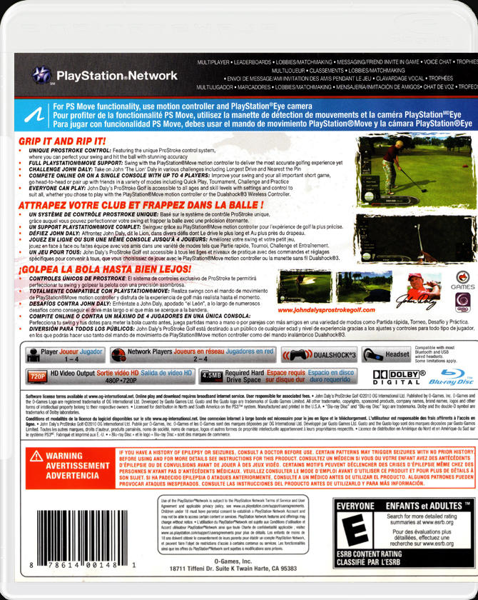 John Daly's ProStroke Golf PS3 back side cover case