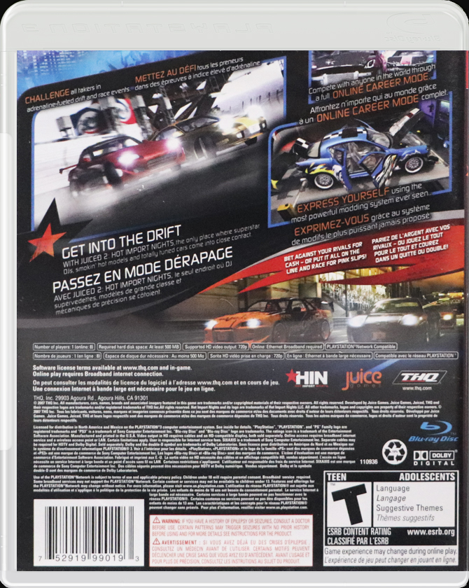 Juiced 2: Hot Import Nights PS3 back side cover case