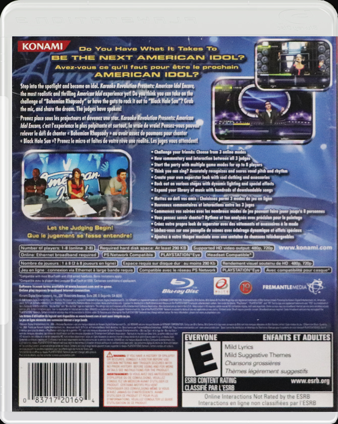 Karaoke Revolution Presents American Idol Encore PS3 back side cover case