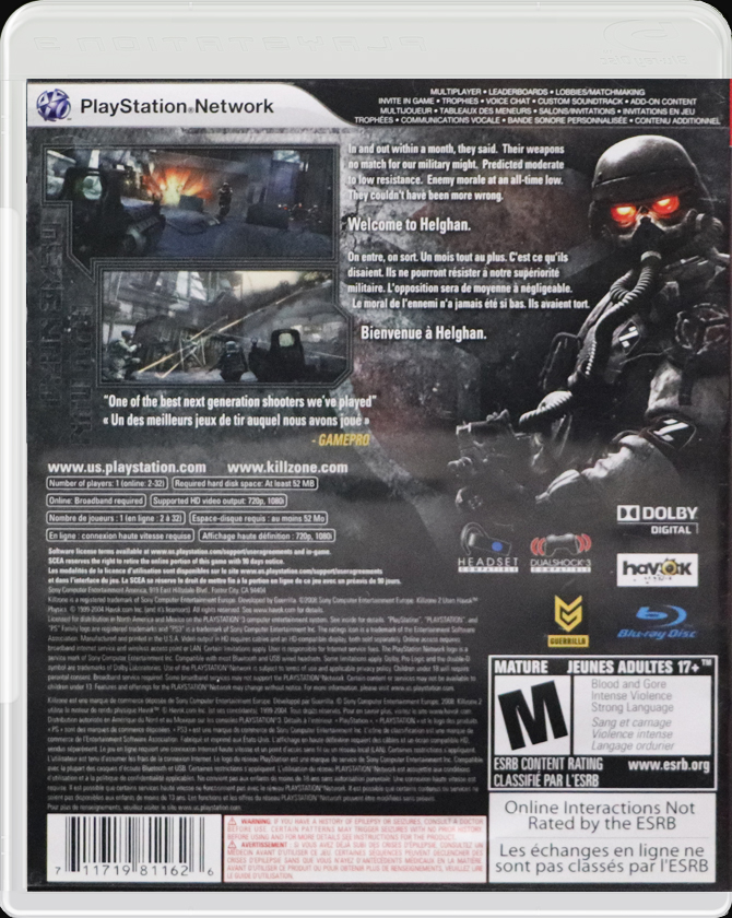 Killzone 2 PS3 back side cover case