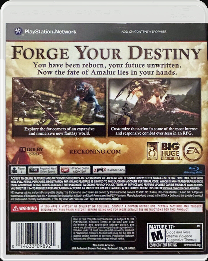 Kingdoms of Amalur Reckoning PS3 back side cover case