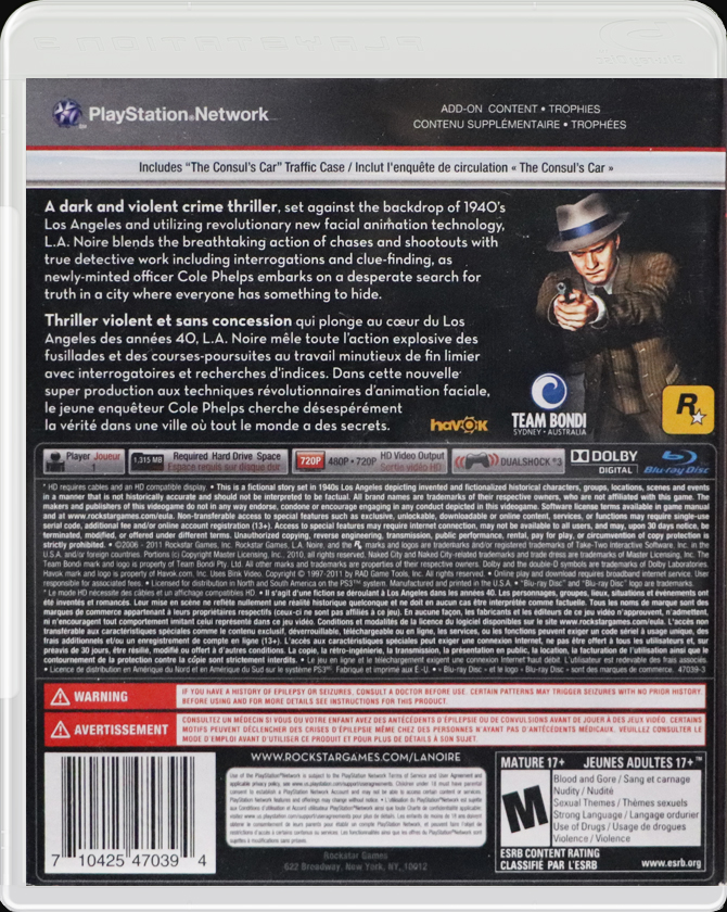 L.A. Noire PS3 back side cover case