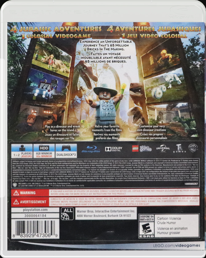 LEGO Jurassic World PS3 back side cover case