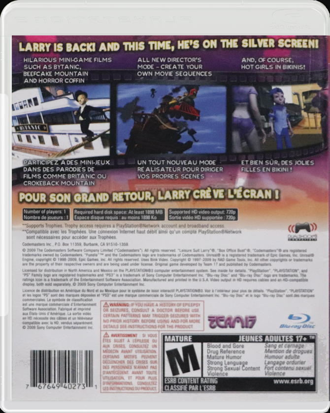 Leisure Suit Larry Box Office Bust PS3 back side cover case