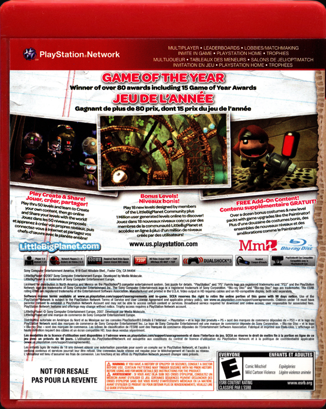 Little Big Planet Game of the Year PS3 back side cover case