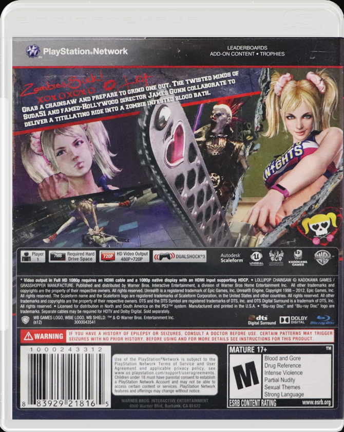 Lollipop Chainsaw PS3 back side cover case