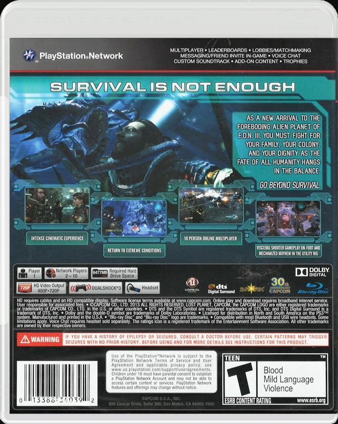 Lost Planet 3 PS3 back side cover case