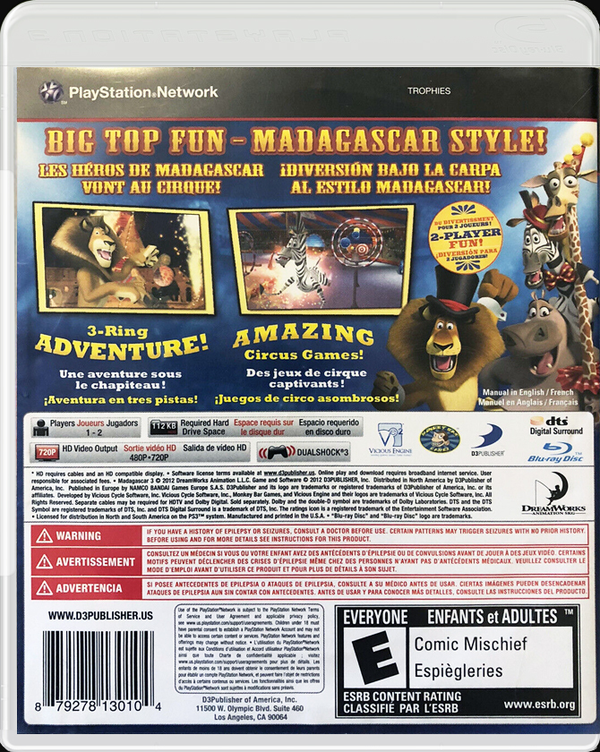 Madagascar 3: The Video Game PS3 back side cover case