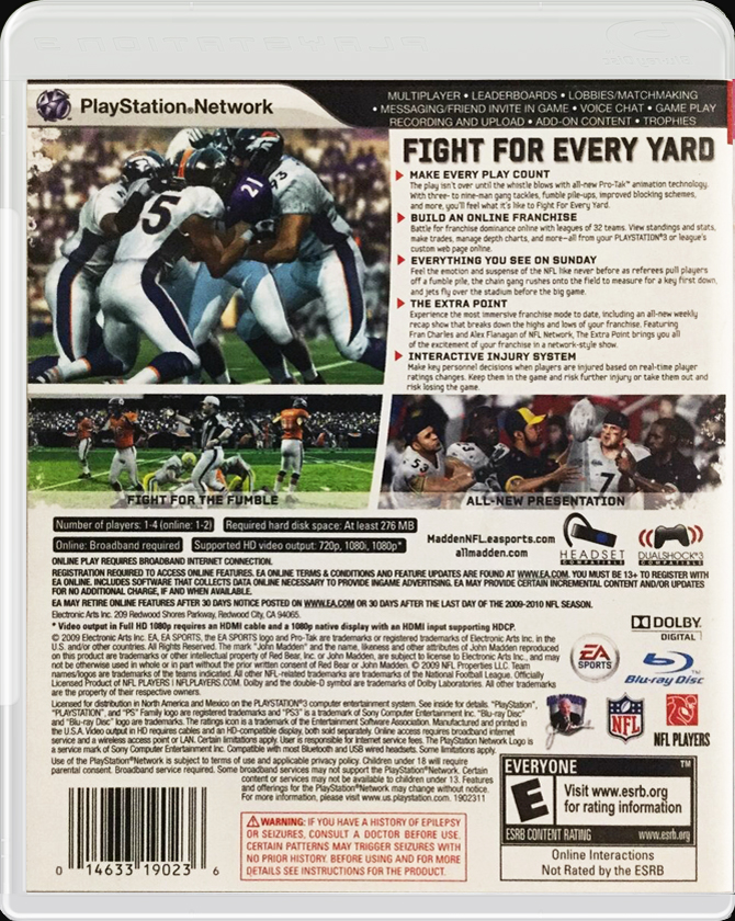 Madden NFL 10 PS3 back side cover case