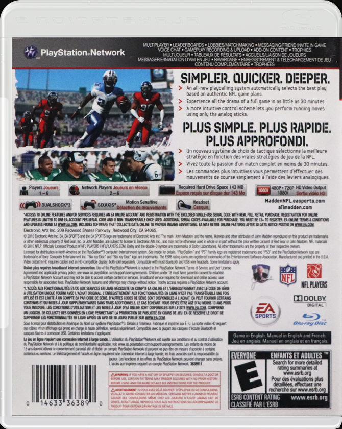 Madden NFL 11 PS3 back side cover case