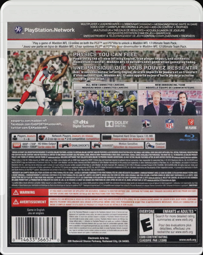 Madden NFL 13 PS3 back side cover case