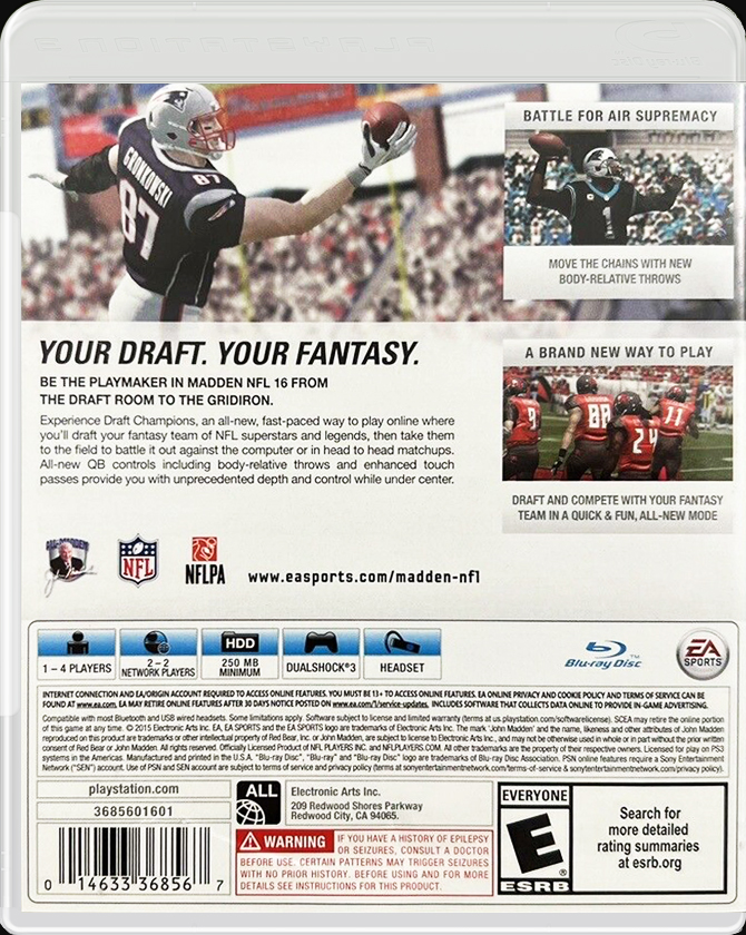 Madden NFL 16 PS3 back side cover case