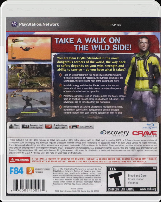 Man vs Wild with Bear Grylls PS3 back side cover case