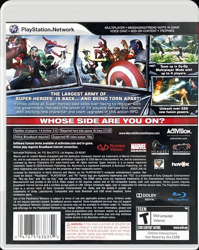 Marvel Ultimate Alliance 2 PS3 back side cover case