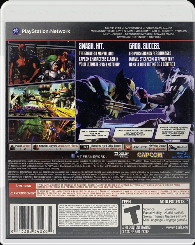 Marvel vs. Capcom 3: Fate of Two Worlds PS3 back side cover case