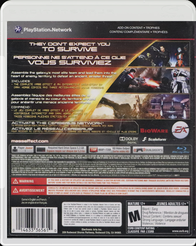 Mass Effect 2 PS3 back side cover case