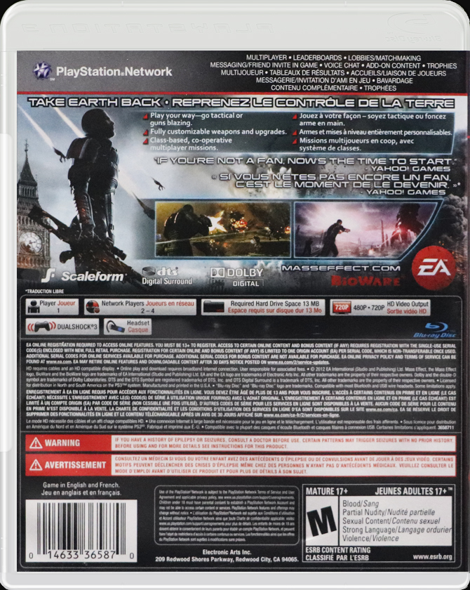 Mass Effect 3 PS3 back side cover case