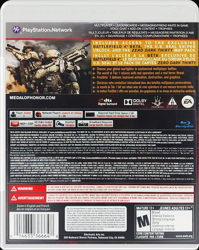 Medal of Honor Warfighter Limited Edition PS3 back side cover case