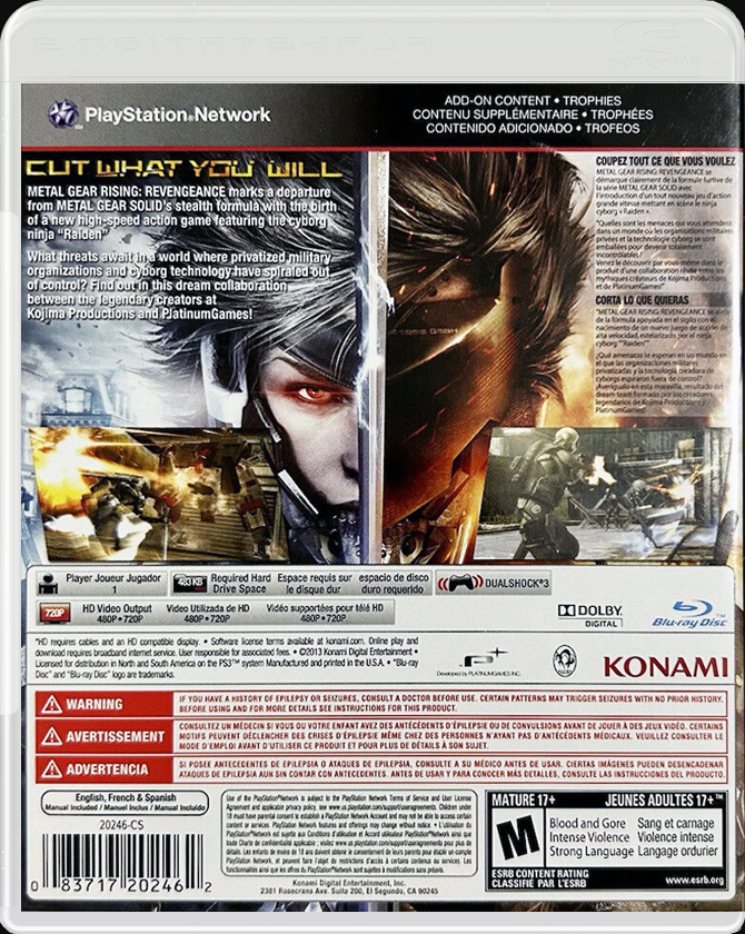 Metal Gear Rising: Revengeance PS3 back side cover case