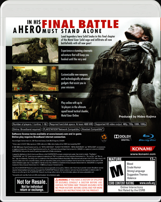 Metal Gear Solid 4 Guns of the Patriots PS3 back side cover case