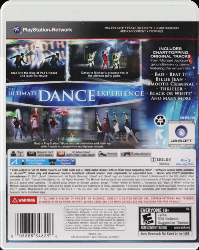 Michael Jackson: The Experience PS3 back side cover case