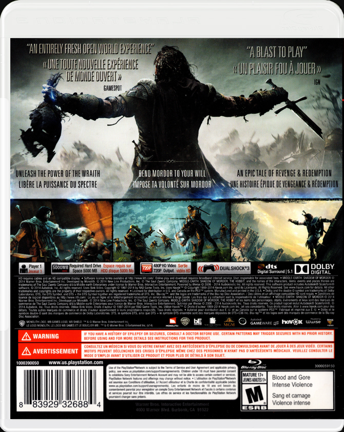 Middle-Earth Shadow of Mordor PS3 back side cover case