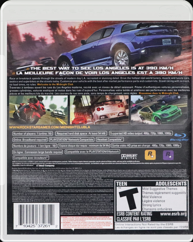 Midnight Club Los Angeles PS3 back side cover case