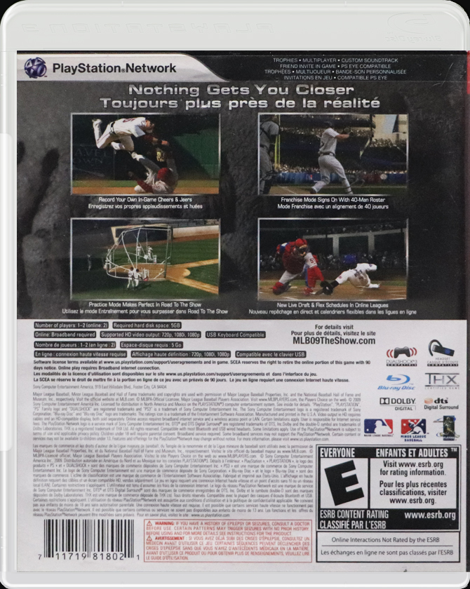 MLB 09: The Show PS3 back side cover case