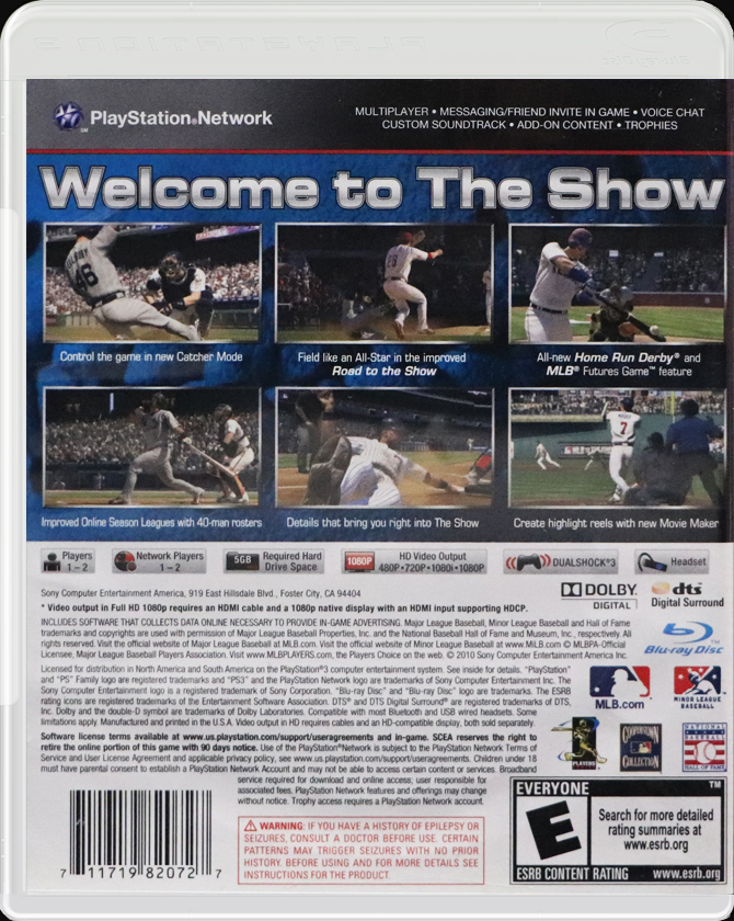 MLB 10: The Show PS3 back side cover case