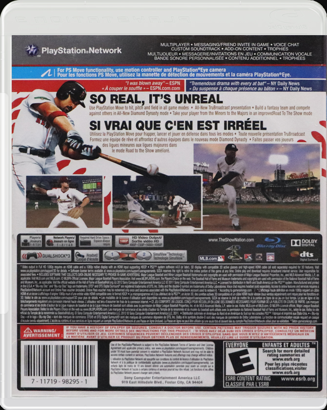 MLB 12: The Show PS3 back side cover case