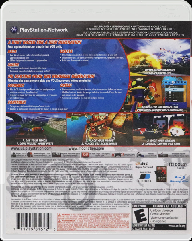 ModNation Racers PS3 back side cover case