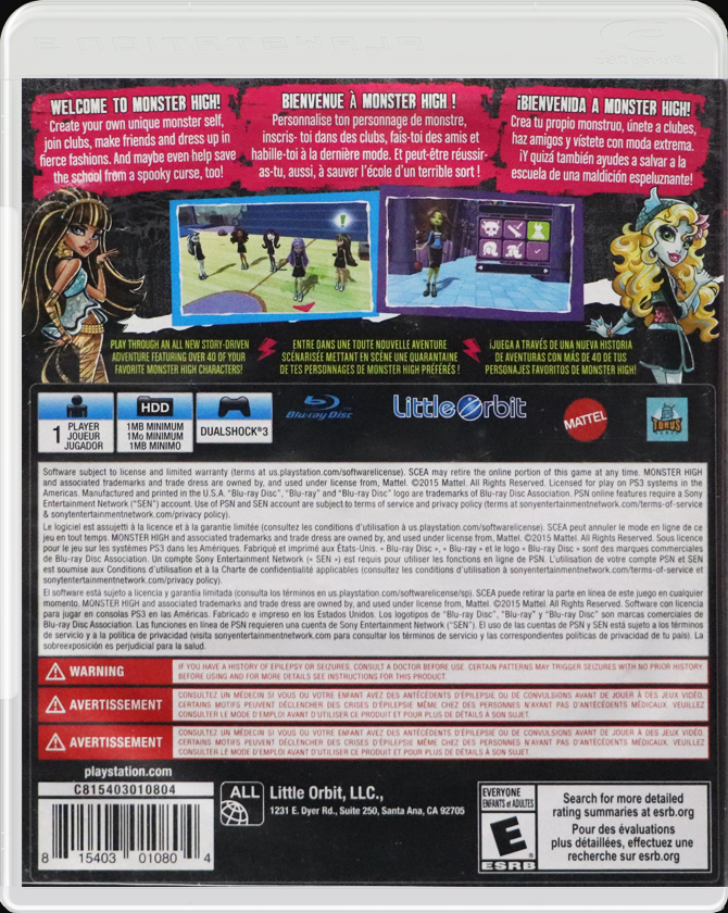 Monster High New Ghoul In School PS3 back side cover case