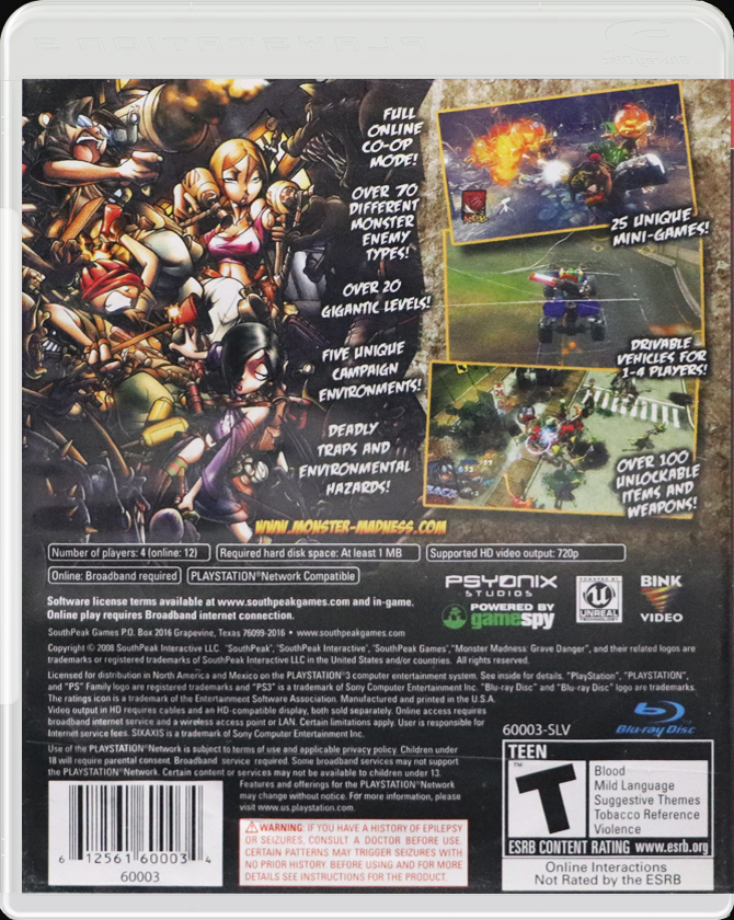 Monster Madness: Grave Danger PS3 back side cover case