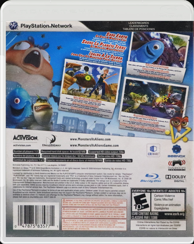 Monsters vs. Aliens PS3 back side cover case